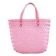 Woven Straw Basket Bag with Matching Handles, Pink