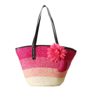 Color Block Woven Straw Beach Bag, Pink