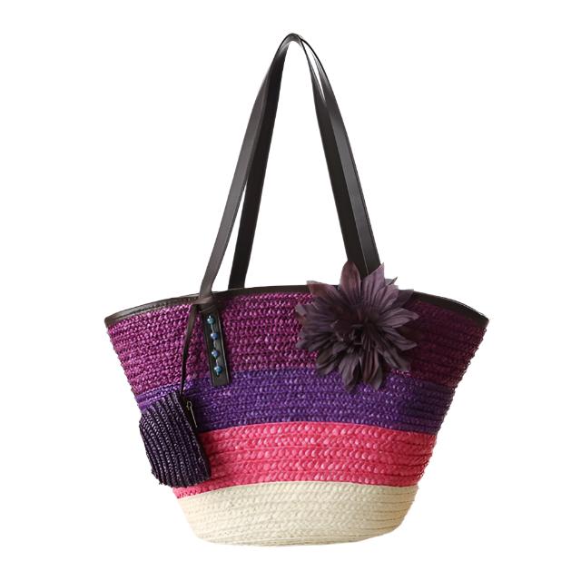 Color Block Woven Straw Beach Bag, Purple