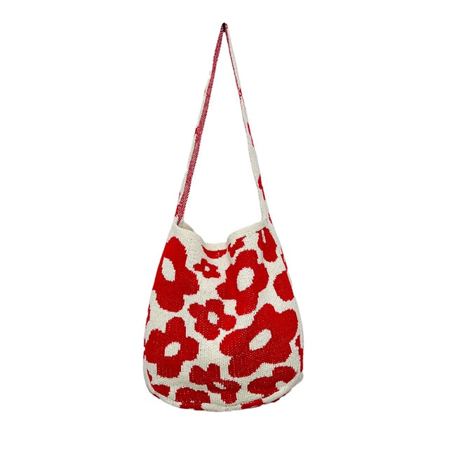 Red Flower Print Knit Shoulder Bag