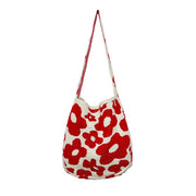 Red Flower Print Knit Shoulder Bag