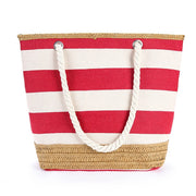 Wide Striped Canvas Beach Tote with Zipper Top, Red