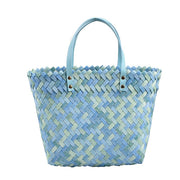 Woven Straw Basket Bag with Matching Handles, Medium Blue