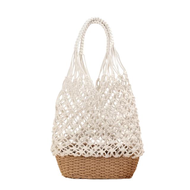 White Fish Net Beach Bag with Woven Base