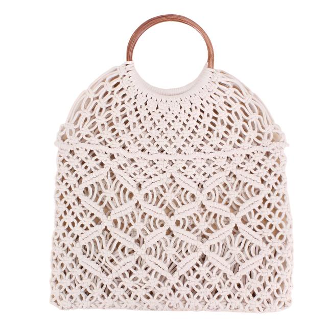 White Fish Net Beach Bag with Wooden Handles