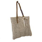 Summer Straw Woven Shopper Beach Tote, Light Beige Ribbon