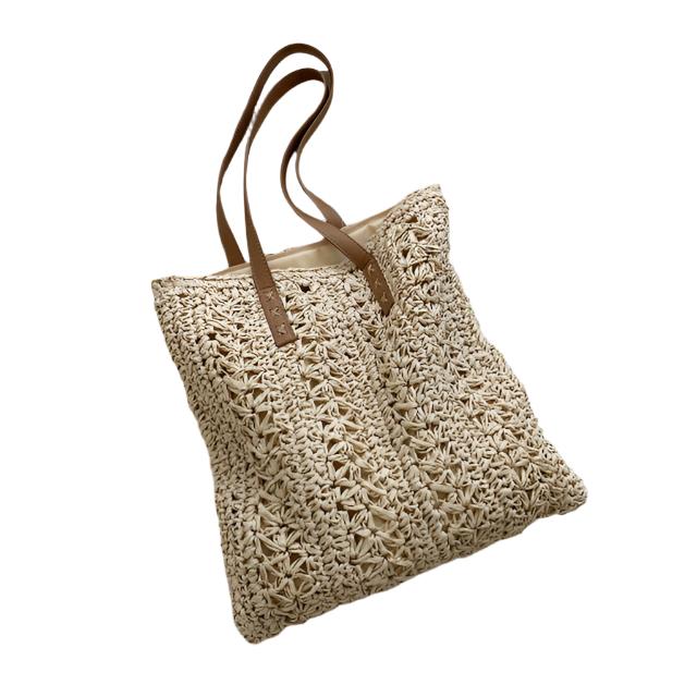 Summer Straw Woven Shopper Beach Tote, Light Beige