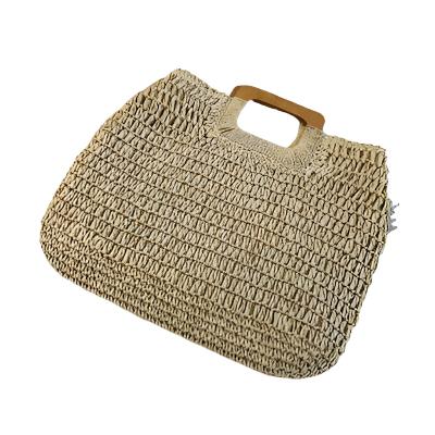 Large Rattan Woven Tote Bag with Wooden Handles, Light Beige