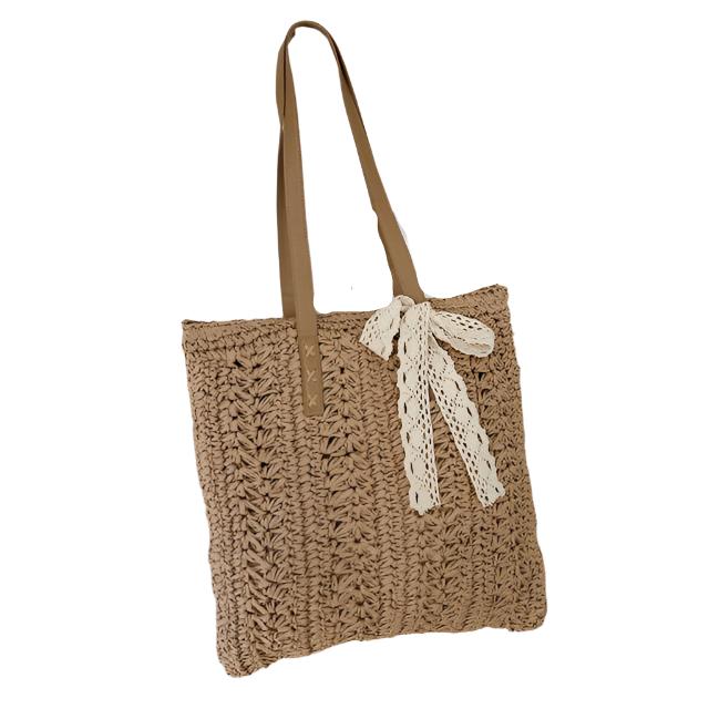 Summer Straw Woven Shopper Beach Tote, Khaki Ribbon