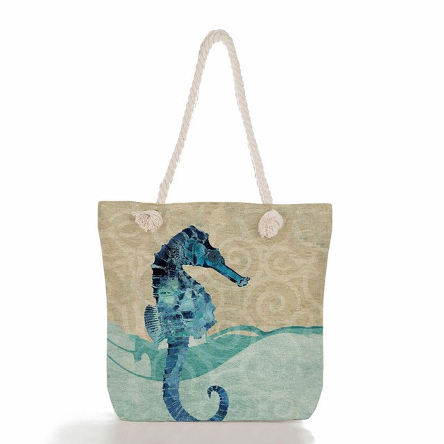 Seahorse Print Canvas Beach Bag, print 01