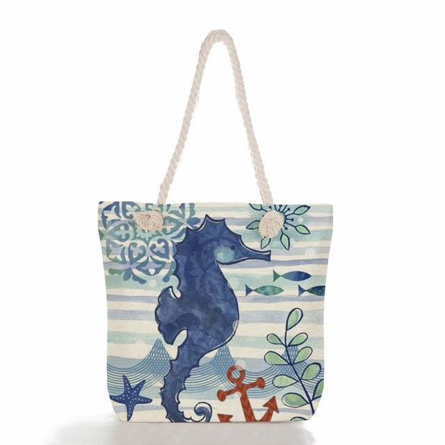 Seahorse Print Canvas Beach Bag, print 04